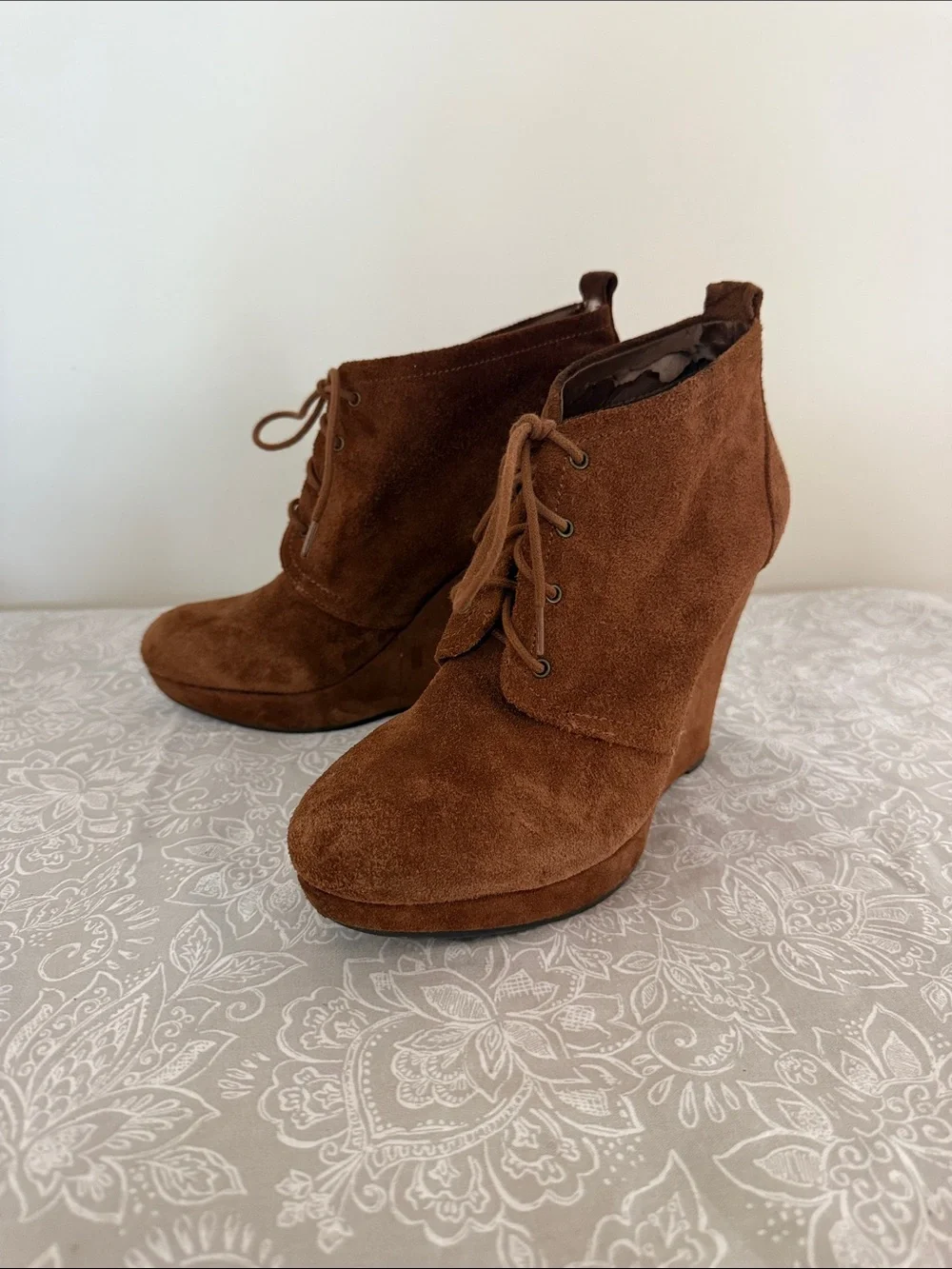 Jessica Simpson Chestnut Suede Lace-Up Wedge Booties